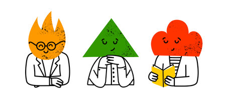 Abstract geometric characters avatars. Cartoon cute geometry shapes with funny faces, hands. Funny square, triangle, circle. Vector set.のイラスト素材