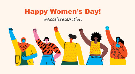 International Womens Day. Women in leadership, woman empowerment, gender equality concepts. Crowd of women of diverse age, races and occupation. Vector horizontal banner.のイラスト素材