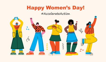 International Womens Day. Women in leadership, woman empowerment, gender equality concepts. Crowd of women of diverse age, races and occupation. Vector horizontal banner.のイラスト素材