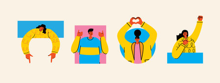 Cute character illustrations of different people with various hand sign, gesture, emotions expression. Outline, thin line art, hand drawn sketch, black and white ink style.のイラスト素材