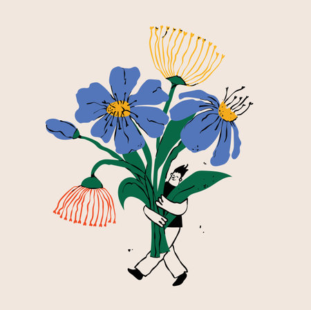 Young boy or girl holding drawn color bouquet of blossom flowers. Flat vector illustration for the greeting birthday cards, posters for Mothers, Valentines, Womens Day.のイラスト素材