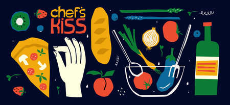 Hand drawn food illustration hand drawn set of the breakfast, lunch icons. Vector of wine glass, eggs, tomatoes, vegetables. Illustrations for invitations, menus and parties.のイラスト素材