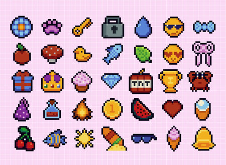 Set of pixel art speech bubbles and icons. Retro game style dialogue box and elements vector collection. Pixels Y2k trendy playful stickers. 8bit. Mood of 90s aestheticsのイラスト素材
