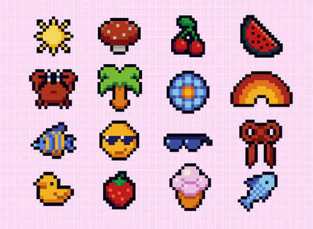 Set of summer pixel art speech bubbles and icons. Retro game style dialogue box and elements vector collection. Pixels Y2k trendy playful stickers. 8bit. Mood of 90s aestheticsのイラスト素材