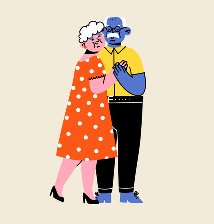 Cute elderly couple. Happy seniors together. Old men and women, spouses. Vector doodle cartoon illustration in flat styleのイラスト素材