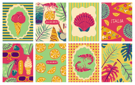 Italian style vacation hand drawn vector illustrations in mixed media collage style with doodle sketch elementsのイラスト素材
