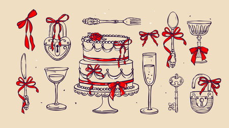 Coquette Wedding elements set decorated with coquette bows, ribbons, Elegant vintage illustrations with bow. Hand drawn line art vector illustrationsのイラスト素材