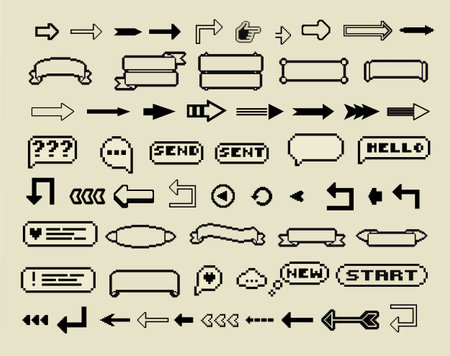 Pixel art frames. Retro 8 bit buttons, arrows, speech bubble messages and quote frame. Game UI vector template set of pixel game frame, 8 bit message illustrationのイラスト素材