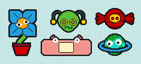 Pixels Y2k funny playful emoticon, emoji faces, icon stickers. . 8-bit retro style vector illustration for social media. Set of pixel art. Emoji pixelated icons.のイラスト素材