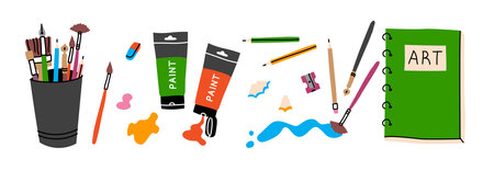Vector set of the painting tools elements in cartoon style. Art supplies: paint tubes, brushes, pencil, watercolor, palette. Trendy modern vector illustration, hand drawn, flat design.のイラスト素材
