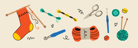 Hand drawn vector vintage illustration - Set of knitting and crafts. Yarn, pins, buttons, thread, needle barのイラスト素材
