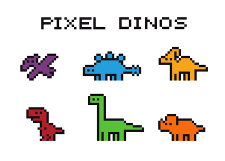 Pixels Y2k funny playful cute dinosaurs icon stickers 8-bit retro style vector illustration for social media. Set of pixel art. Emoji pixelated icons.のイラスト素材