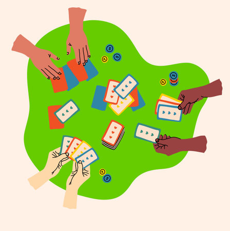 Creative board game hobbies. Human arms actively playing a tabletop game. Game elements like dice,...