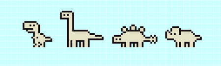Pixels Y2k funny playful cute dinosaurs icon stickers 8-bit retro style vector illustration for...