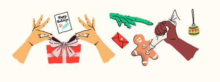 Hands with holiday preparations. Creative festive activities. Human arms actively wrapping gifts and decorating. Seasonal items like gingerbread and greeting cards. Handmade DIY holiday joy.のイラスト素材