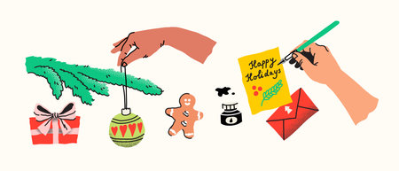 Hands engaged in Christmas crafting. Creative holiday hobbies. Handmade Christmas joy. DIY festive spiritのイラスト素材