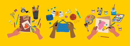 Hands engaged in diverse creative hobbies. Human arms actively making art, knitting, and crafting various projects. Diverse artisan tools handmade creations and DIY passion.のイラスト素材