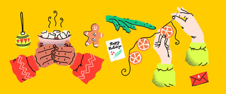 Hands with holiday preparations. Creative festive activities. Human arms actively wrapping gifts and decorating. Seasonal items like gingerbread and greeting cards. Handmade DIY holiday joy.のイラスト素材