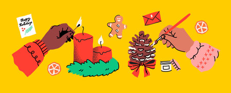 Hands with holiday preparations. Creative festive activities. Human arms actively wrapping gifts and decorating. Seasonal items like gingerbread and greeting cards. Handmade DIY holiday joy.のイラスト素材