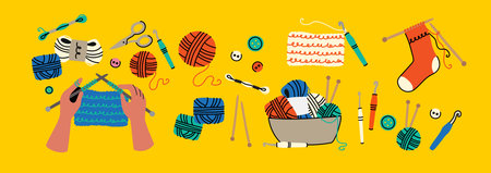 Creative craft hobbies blossom as human arms actively create cozy knitwear. Artisan tools like soft yarn, knitting needles, and crochet hooks inspire beautiful handmade accessories, DIY passionのイラスト素材