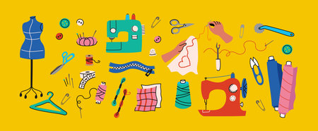 Creative craft hobbies blossom as human arms actively sew and embroider intricate designs. Artisan tools like sewing machines, thread, and scissors empower handmade fashion and DIY passionのイラスト素材