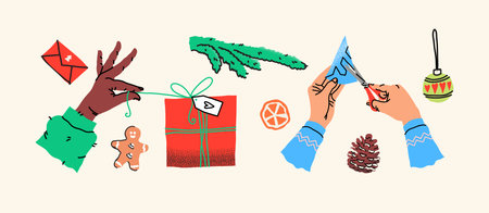 Hands with holiday preparations. Creative festive activities. Human arms actively wrapping gifts and decorating. Seasonal items like gingerbread and greeting cards. Handmade DIY holiday joy.のイラスト素材