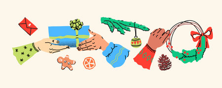 Hands with holiday preparations. Creative festive activities. Human arms actively wrapping gifts and decorating. Seasonal items like gingerbread and greeting cards. Handmade DIY holiday joy.のイラスト素材