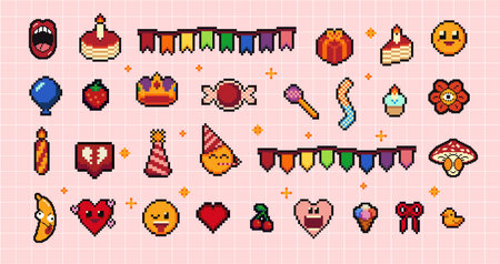 Pixels Y2k funny playful birthday art set of presents and gifts on holidays events. Cute bright party icons. Vector illustrationのイラスト素材