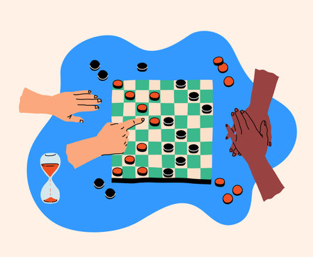 Creative board game hobbies. Human arms actively playing a tabletop game. Game elements like dice, cards, and pawns. Fun social activity. Vector illustrationのイラスト素材