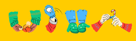 Hands with holiday preparations. Creative festive activities. Human arms actively wrapping gifts and decorating. Seasonal items like gingerbread and greeting cards. Handmade DIY holiday joy.のイラスト素材