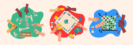 Creative board game hobbies. Human arms actively playing a tabletop game. Game elements like dice, cards, and pawns. Fun social activity. Vector illustrationのイラスト素材