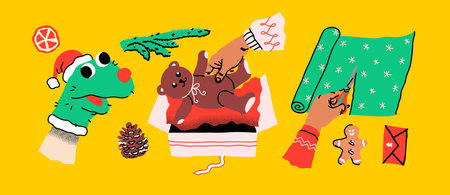 Hands with holiday preparations. Creative festive activities. Human arms actively wrapping gifts and decorating. Seasonal items like gingerbread and greeting cards. Handmade DIY holiday joy.のイラスト素材