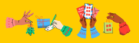 Hands with holiday preparations. Creative festive activities. Human arms actively wrapping gifts and decorating. Seasonal items like gingerbread and greeting cards. Handmade DIY holiday joy.のイラスト素材