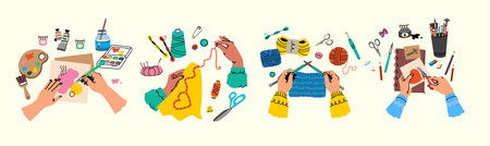 Hands engaged in diverse creative hobbies. Human arms actively making art, knitting, and crafting various projects. Diverse artisan tools handmade creations and DIY passion.のイラスト素材