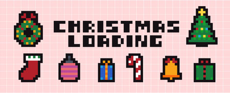 Christmas and New Year icons set in pixel art design. Set of Xmas icons of Christmas tree, present, snowman, arrow, emoji. Pixel art vector illustrationのイラスト素材