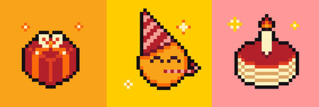 Pixels Y2k funny playful birthday art set of presents and gifts on holidays events. Cute bright...
