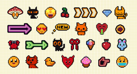 Pixels Y2k funny playful emoticon stickers. Love, kiss, melting smile. 8-bit retro style vector illustration for social media. Set of emoticons pixel art. Emoji pixelated icons. Various facesのイラスト素材