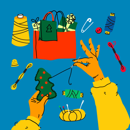 Christmas workshop, holidays preparations and creative activities. Human arms actively wrapping...