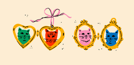 Cats in retro frames. Playful animal portraits in vintage style. Cute kittens illustrated in colorful decorative frames for nostalgic design, digital art, textile prints, and home decorのイラスト素材