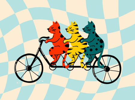 A funny and quirky vector illustration of three colorful cats riding a tandem bicycle. This retro, groovy artwork symbolizes teamwork and friendship, perfect for fun and creative projectsのイラスト素材