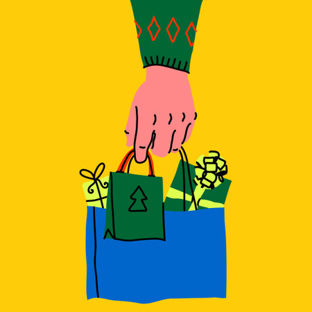 Christmas workshop, holidays preparations and creative activities. Human arms actively wrapping gifts, decorating, and crafting seasonal items like gingerbread and greeting cards.のイラスト素材