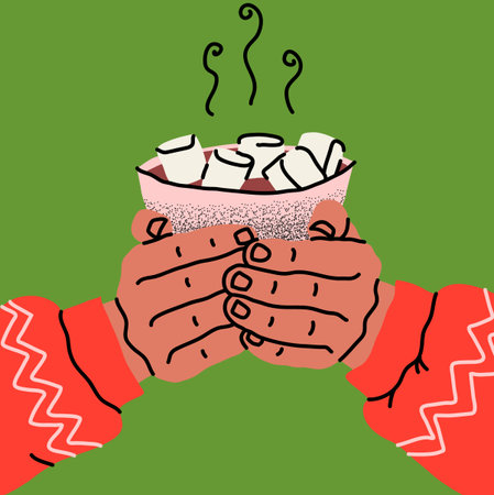 Christmas workshop, holidays preparations and creative activities. Human arms actively wrapping gifts, decorating, and crafting seasonal items like gingerbread and greeting cards.のイラスト素材