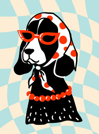 A hilarious and stylish vector illustration featuring fashion-forward dog in retro attire. These quirky, hand-drawn doodle characters perfect for trendy brandingのイラスト素材