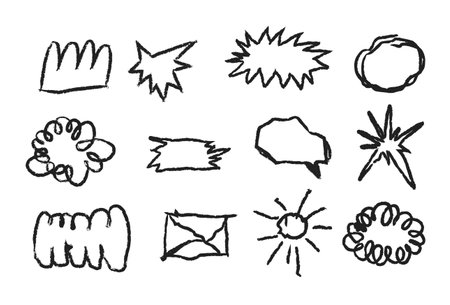 A whimsical and trendy set of naive, hand-drawn vector doodle shapes perfect for playful speech bubbles, bursts, and design elements.のイラスト素材