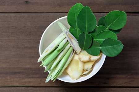 Lemongrass, Galangal and kaffir lime in a white bowl, ingredient of Tom Yum, herb, Thai food.の写真素材