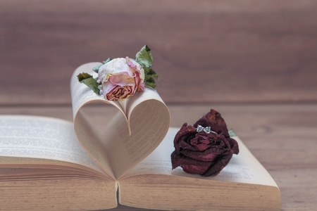 Marriage proposal, love concept, Dried red roses with rings making a proposal to Dried pink rose on old Heart shaped book, pink tones.の写真素材