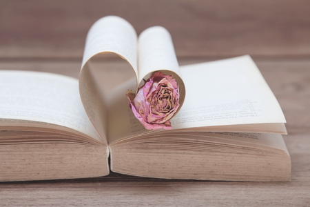 Single dried pink rose on the old Heart shaped book, pink tones, Valentine concept.の写真素材