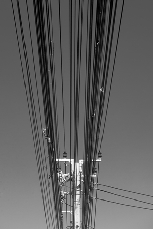 Electricity, Power transmission line in black and white.の写真素材