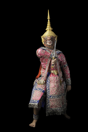 This mask dance drama of Thailand call Khon from the Ramayana story with black isolated background.の写真素材