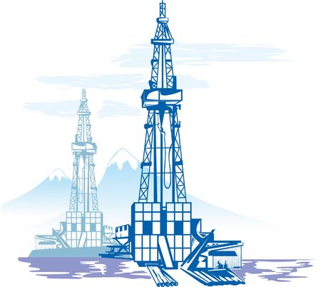 Oil and gas production, drilling rig Against the background of mountainsのイラスト素材